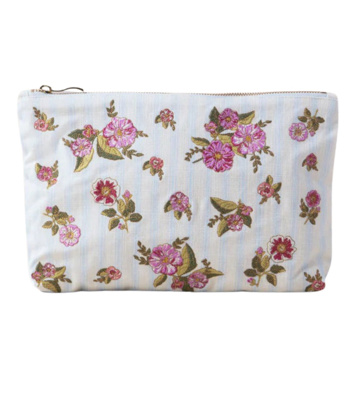 Floral Bouquet Stripe Canvas Everyday Pouch - Blue
