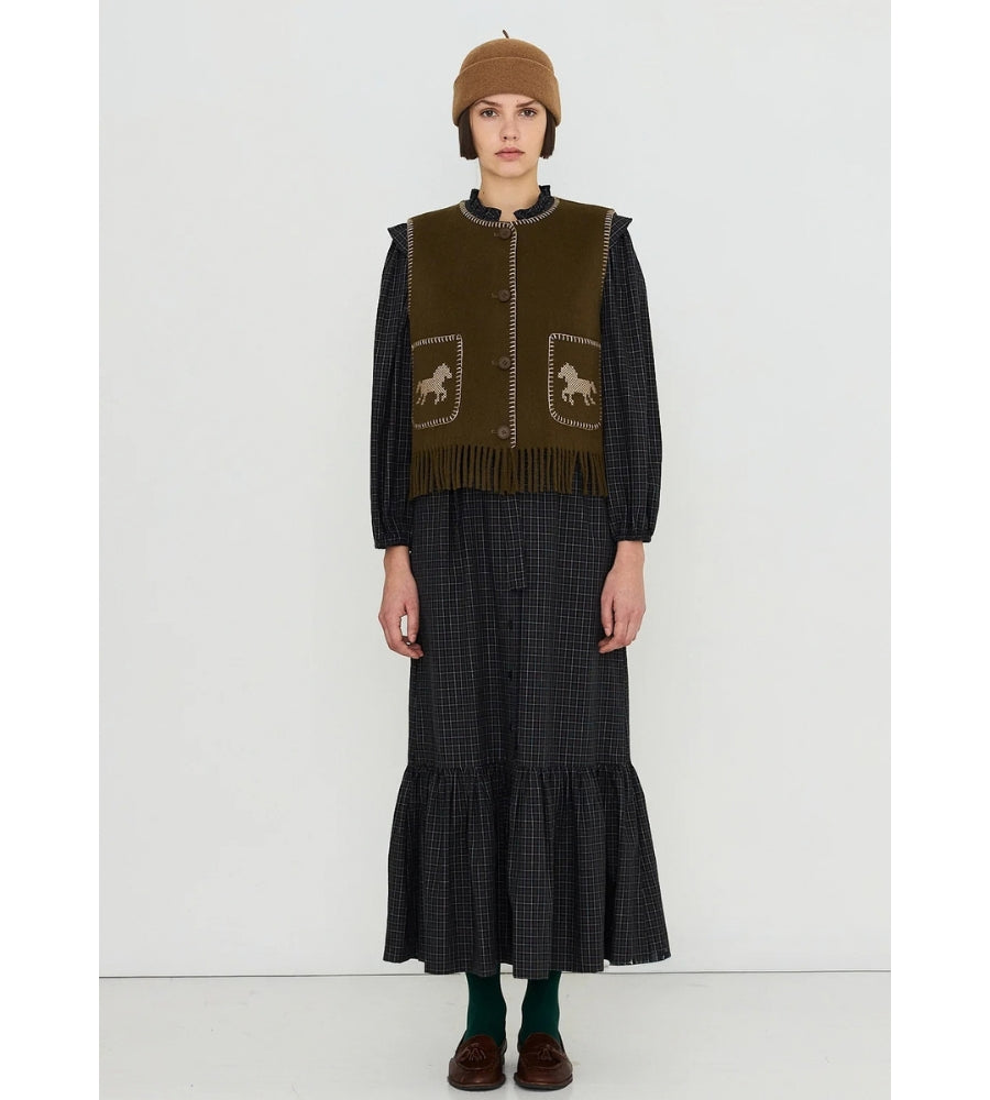Horses Embroidered Vest - Dark Khaki