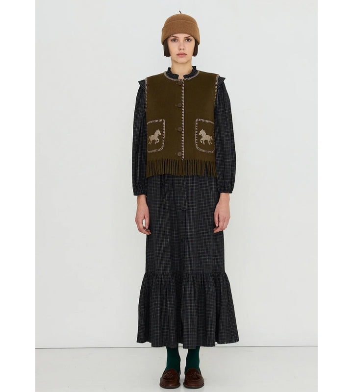 Horses Embroidered Vest - Dark Khaki