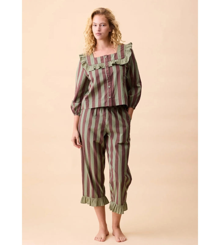 Cotton Pyjamas Sage &amp; Brown Stripe