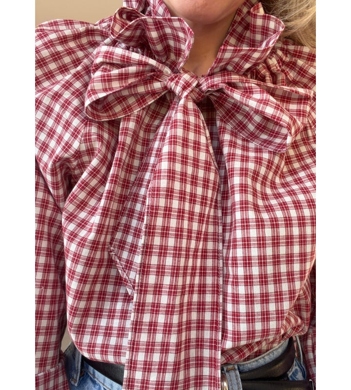 Constance Red Check Tie Neck Blouse