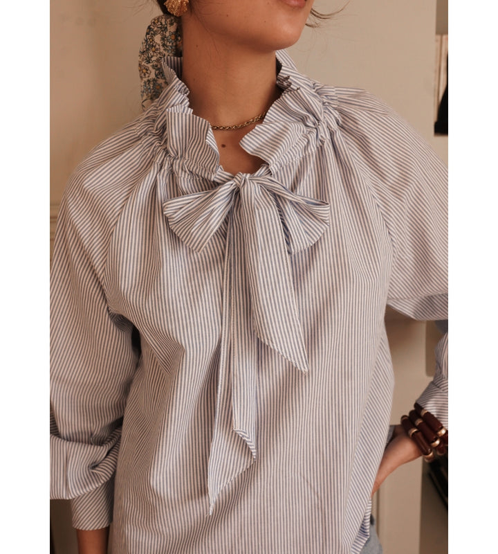 Constance Blue & White Stripe Tie Neck Blouse