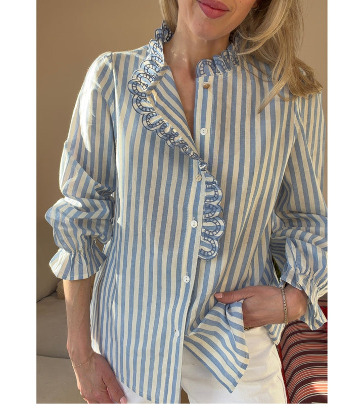 Sky Ruffle Blouse Blue Stripe