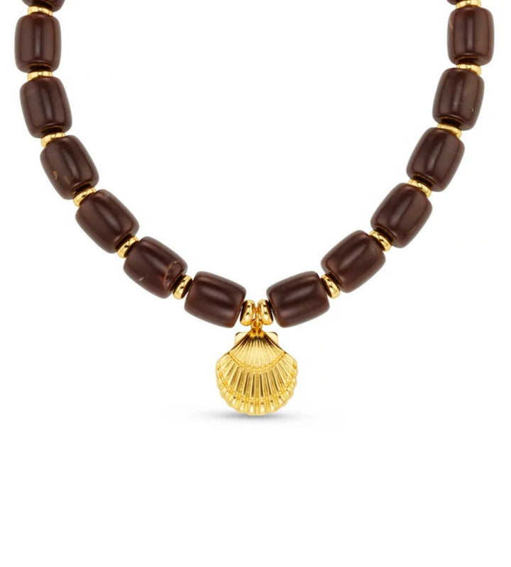 ORE40503 Statement Brown Bead Shell Drop Necklace