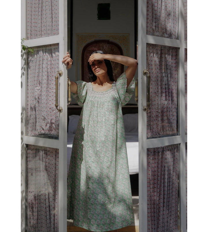Mogra Smocked Nightie - Sage Green