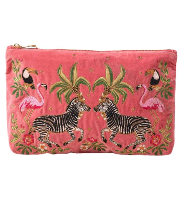 Wild Zebra Palm Velvet Everyday Pouch - Blush Pink