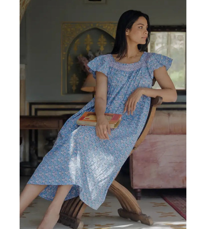 Mogra Smocked Nightie - Dusty Blue & Lavender