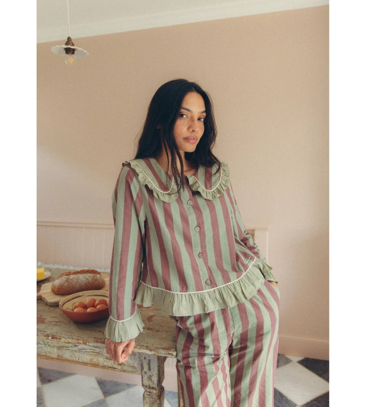 Cotton Pyjamas Sage &amp; Brown Stripe