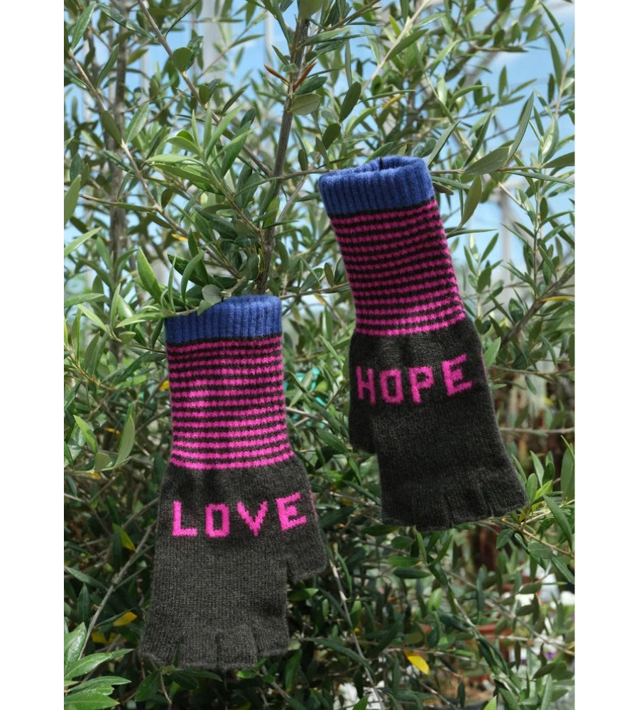Hope &amp; Love Fingerless Gloves - Khaki/Fluro Pink