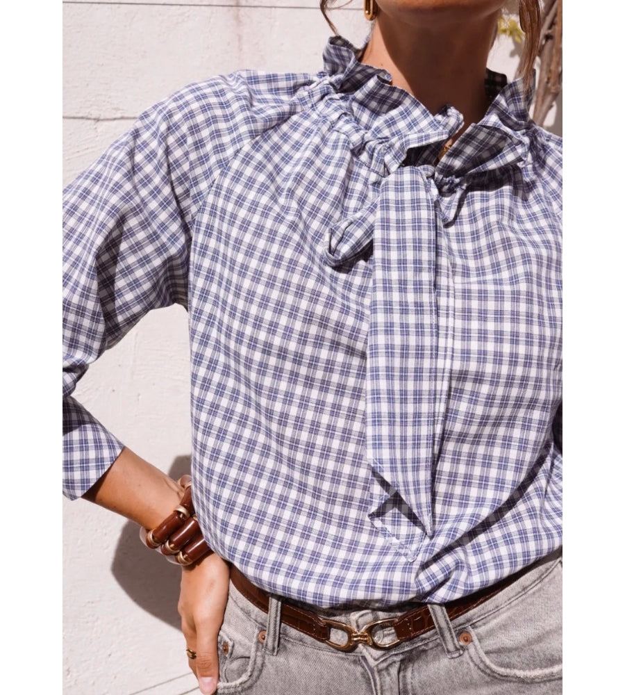 Constance Blue Check Tie Neck Blouse