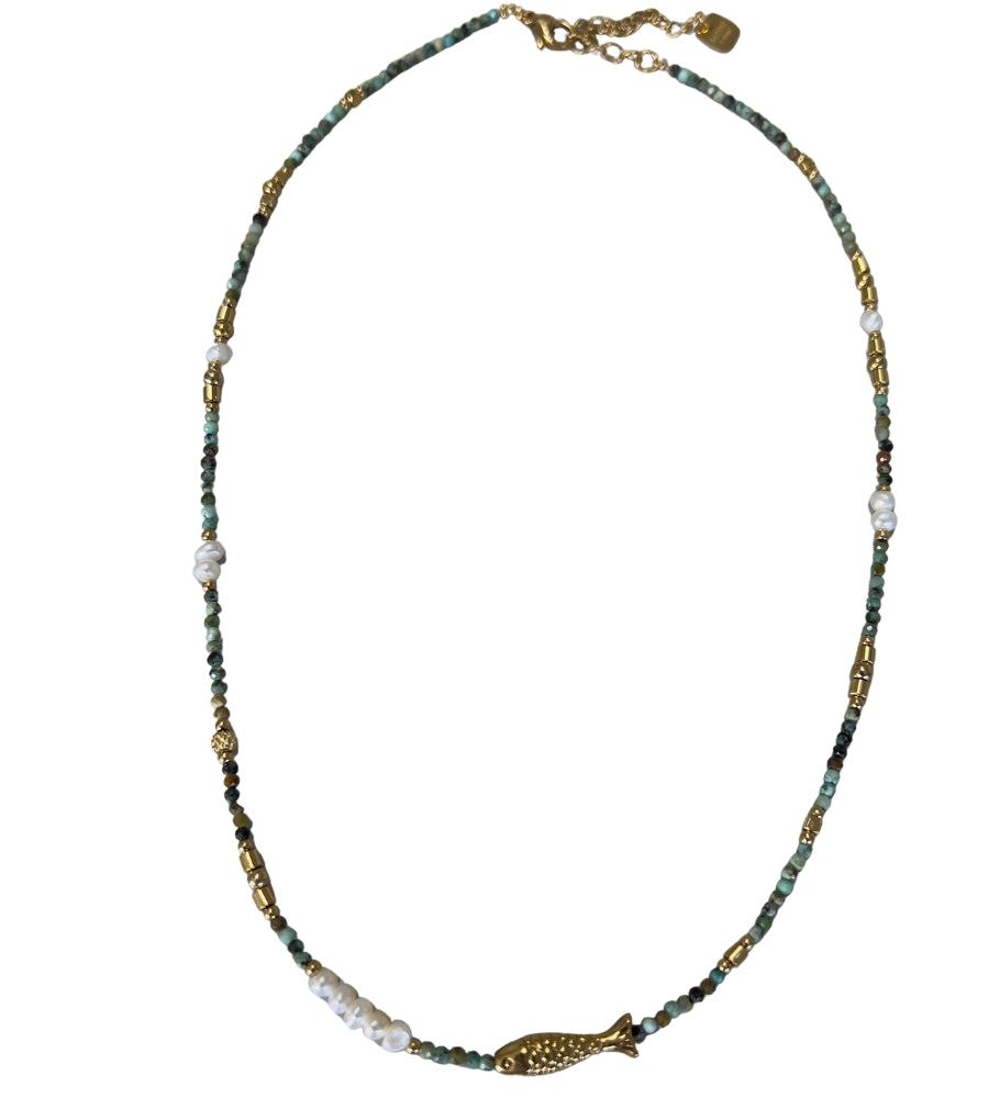 6645 Beaded Fish Necklace Turquoise