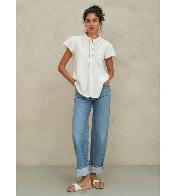 Rita Woven Short Sleeve Top - Ecru/Multi