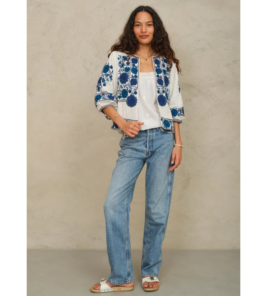 Greta Emb Jacket - Ecru/ Blue