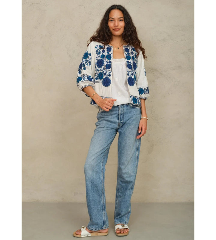 Greta Emb Jacket - Ecru/ Blue