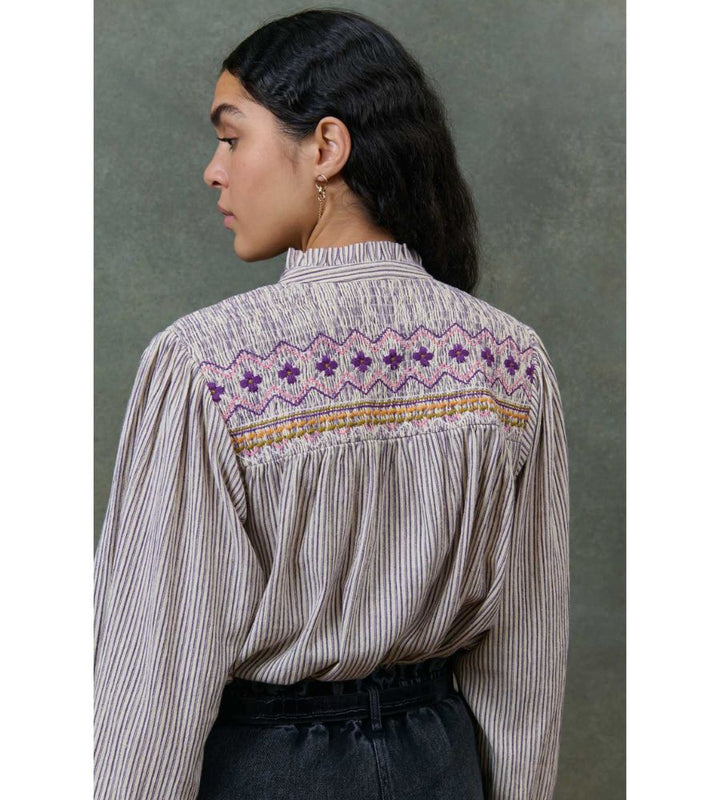 Louise Shirt - Cream Purple Stripes