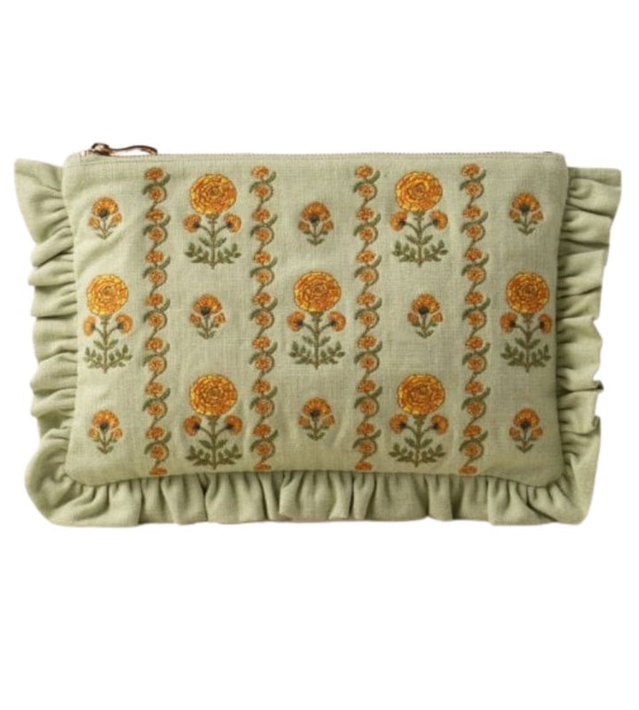 Marigolds Cotton Frill Pouch - Celadon