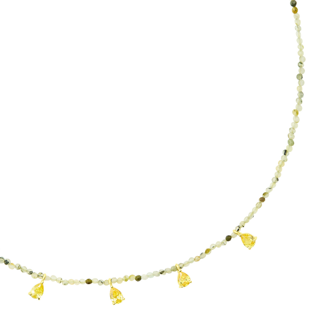 Beaded Necklace With CZ Drop - Green Jade/Yellow