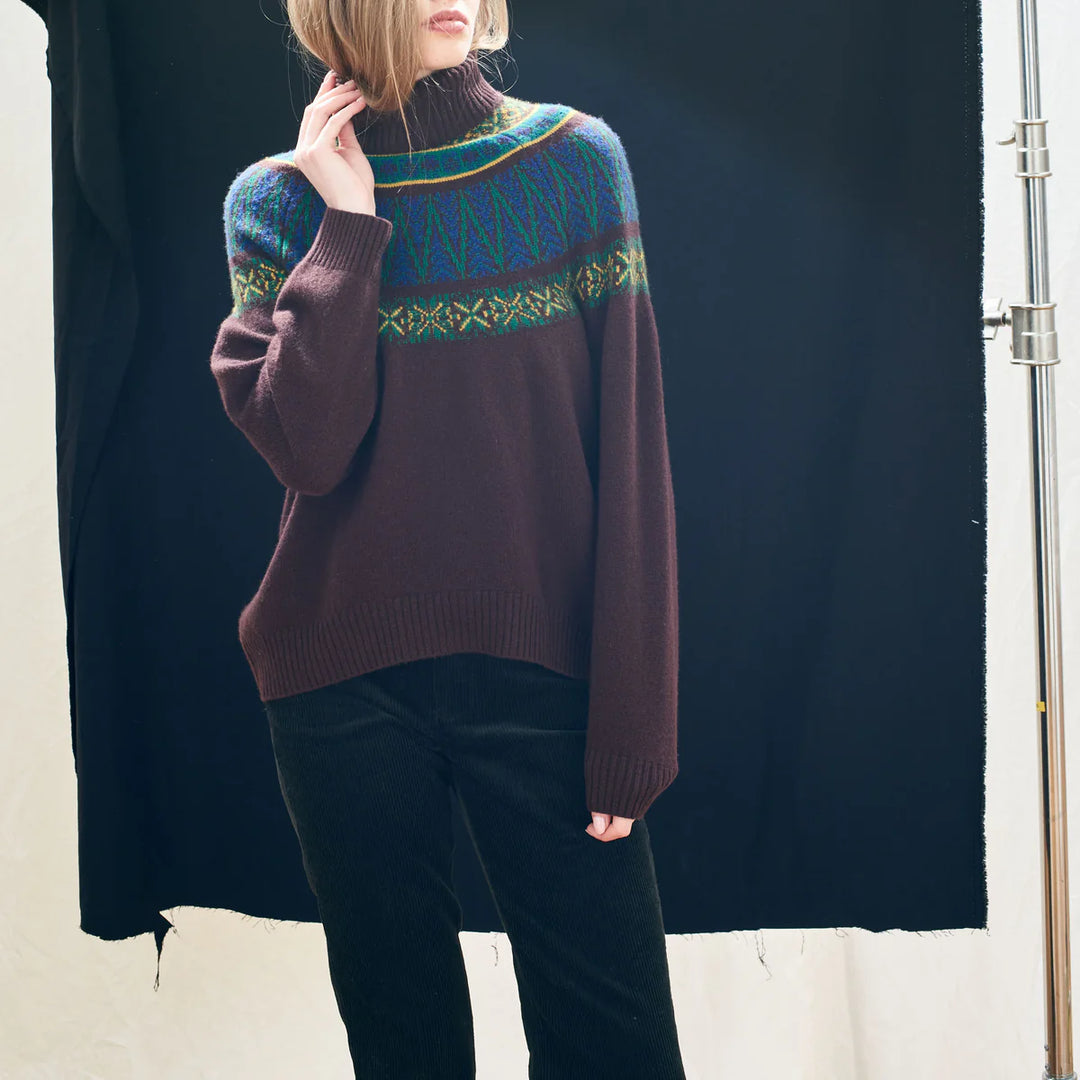 Fairisle Roll Collar - Hickory, Dark Violet, Amber