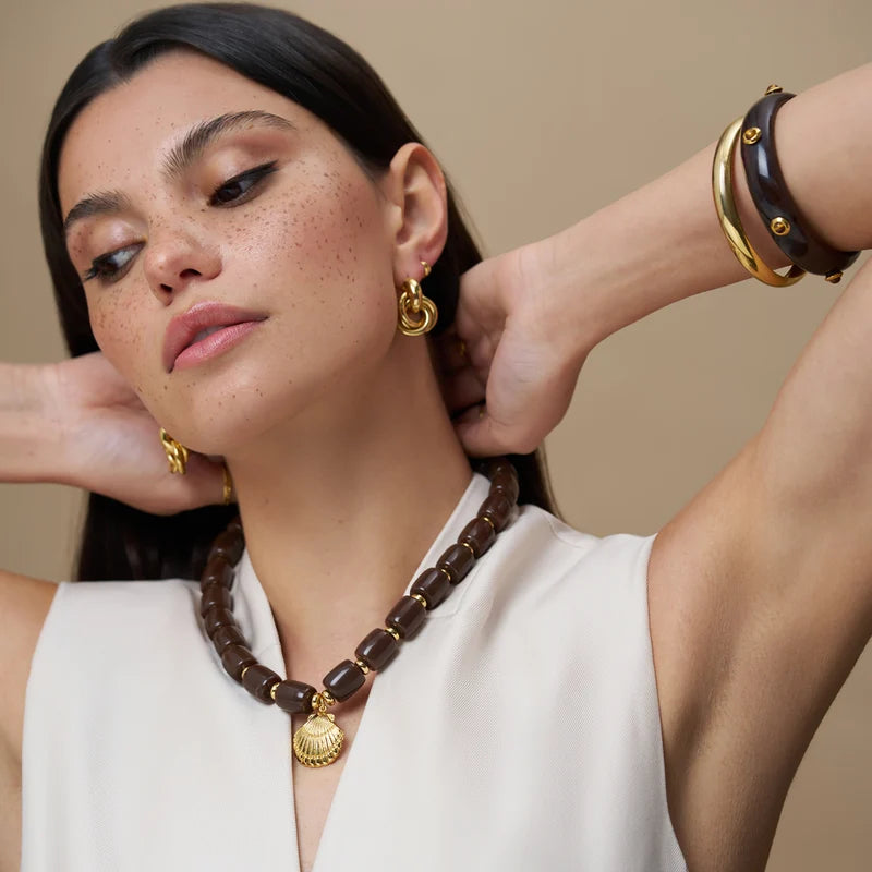ORE40503 Statement Brown Bead Shell Drop Necklace