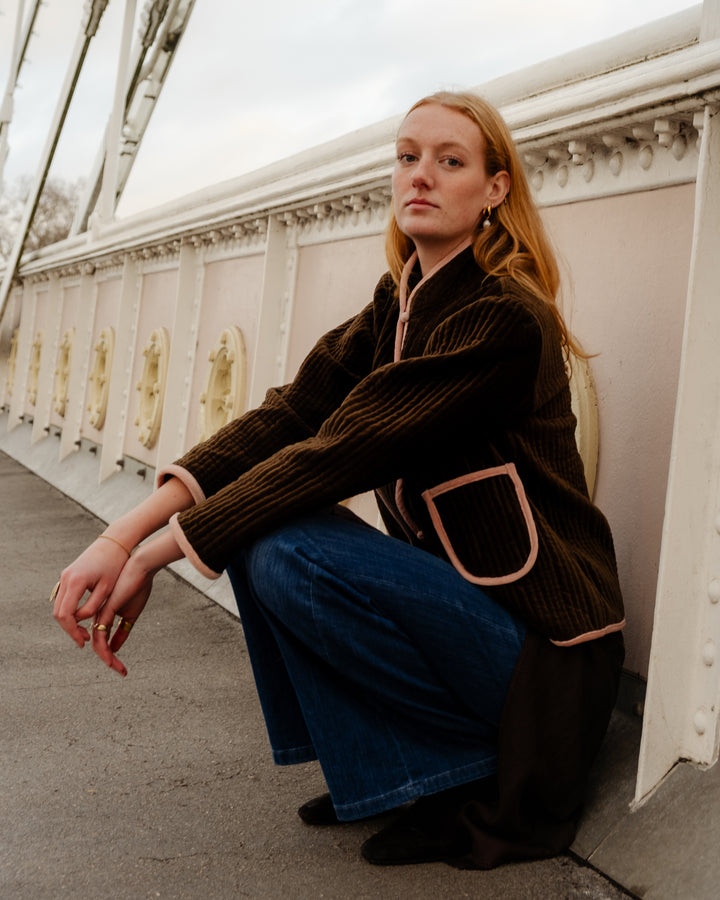 Ellie Velvet Jacket in Olive Brown