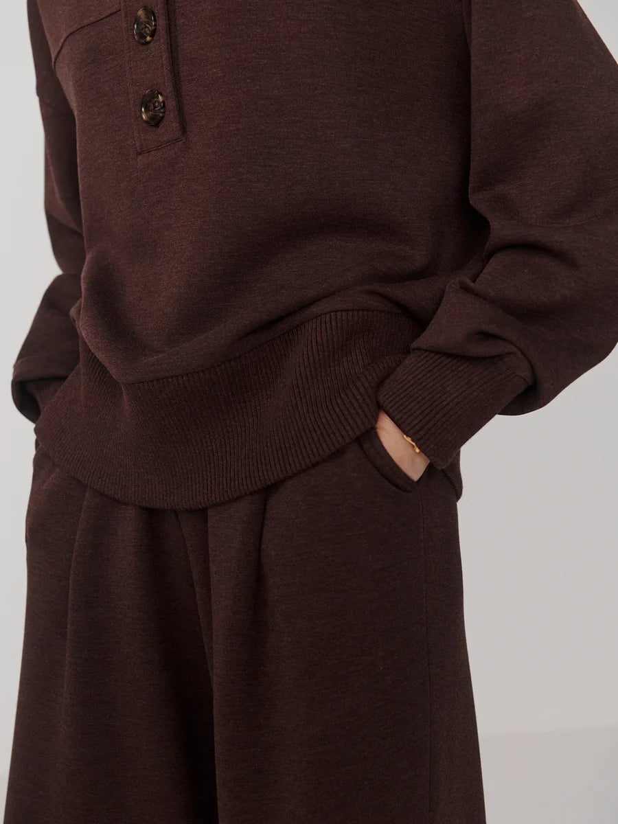 Bronya Button Placket Sweat - Coffee Bean Marl