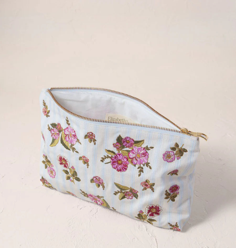 Floral Bouquet Stripe Canvas Everyday Pouch - Blue