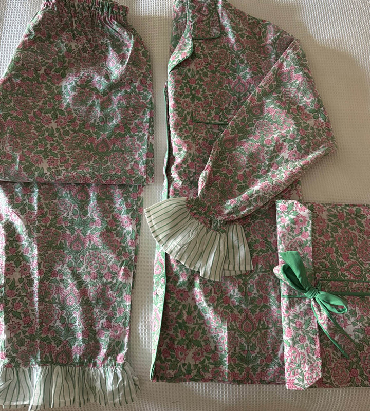 Coco Long PJ Set - Green & Pink Flowers