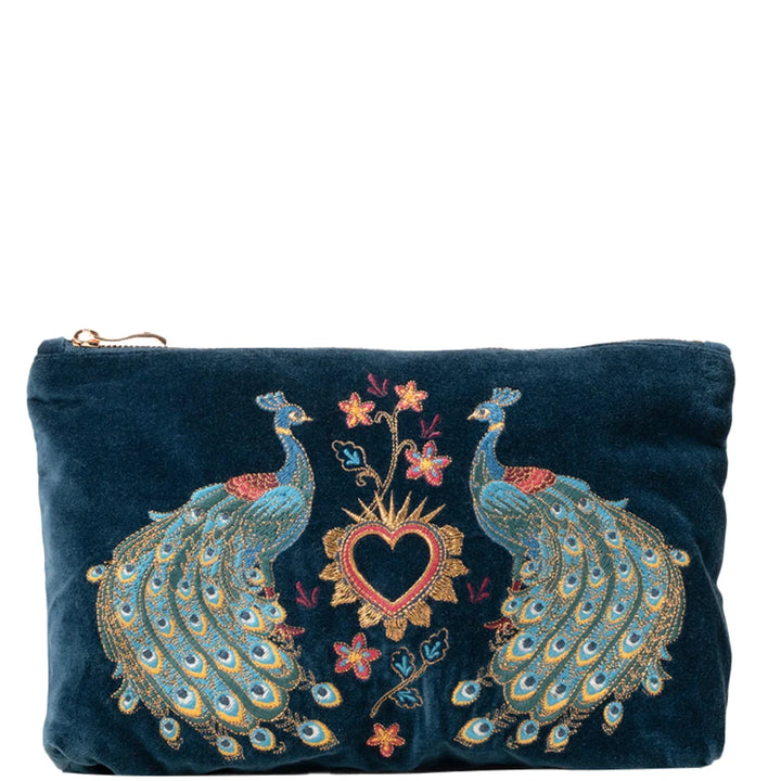 Peacock Floral Velvet Everyday Pouch - Ink Blue