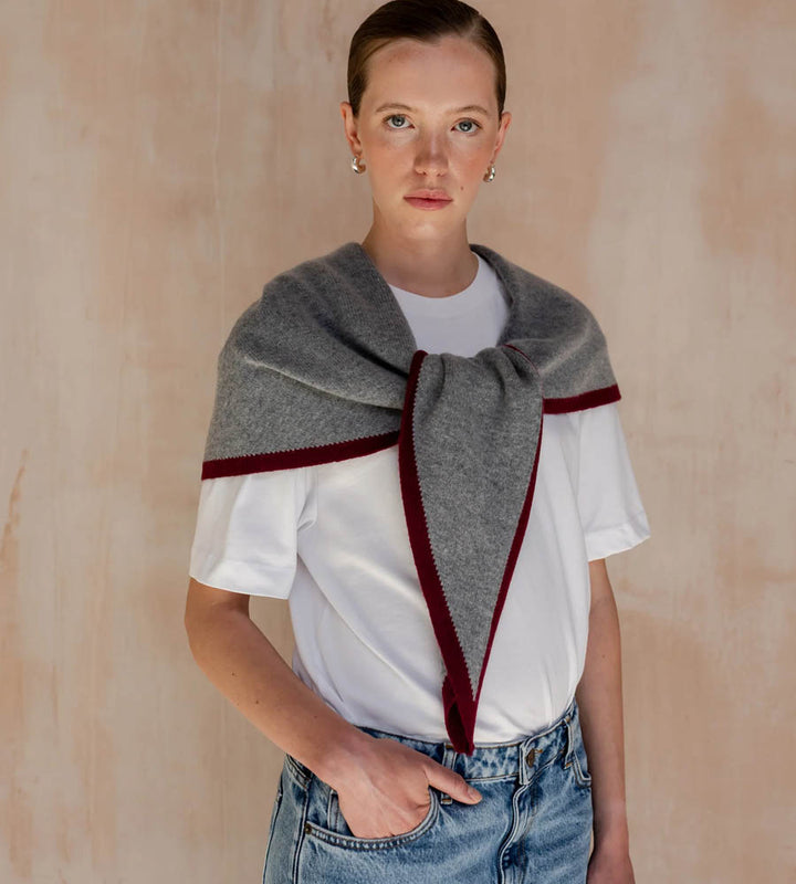 Large Merino Wool Triangle Scarf - charcoal and burgundy tipped