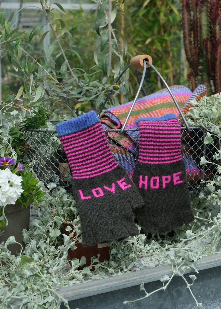 Hope &amp; Love Fingerless Gloves - Khaki/Fluro Pink