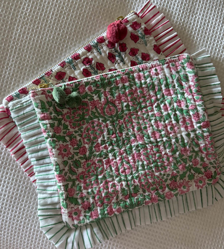 Millie Frill Pouch - Green & Pink Flowers
