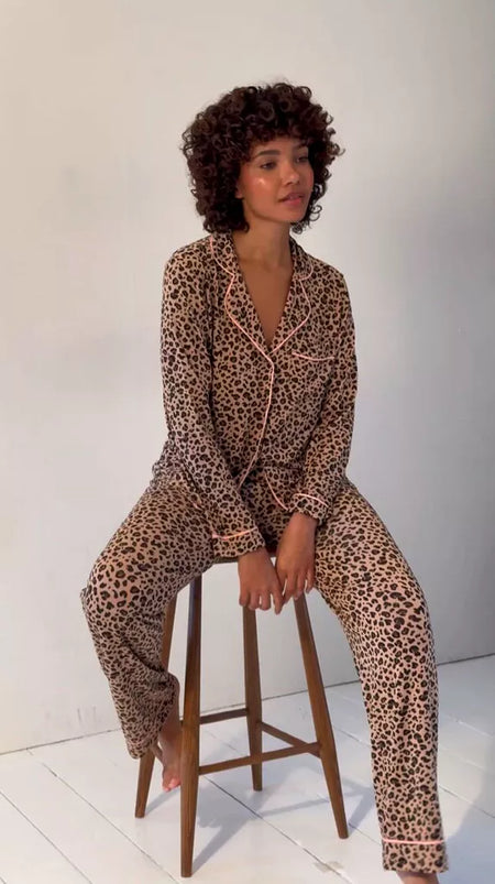 Long PJ Set Peach Latte Leopard