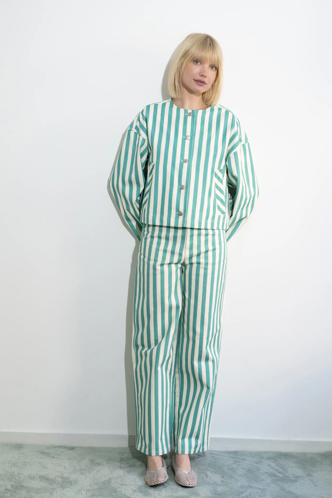 Striped Berta Long Denim - Off White/Emerald