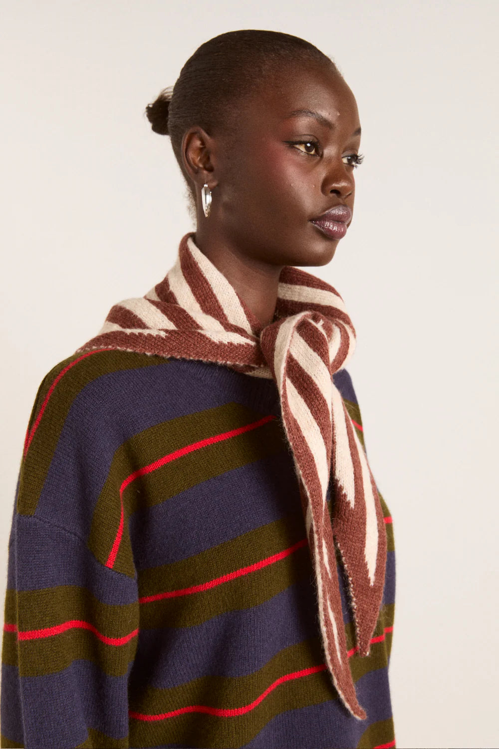 Stripe Triangle Head Scarf - Choc & Ecru