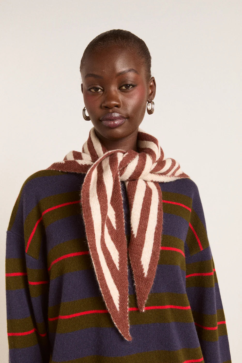 Stripe Triangle Head Scarf - Choc & Ecru