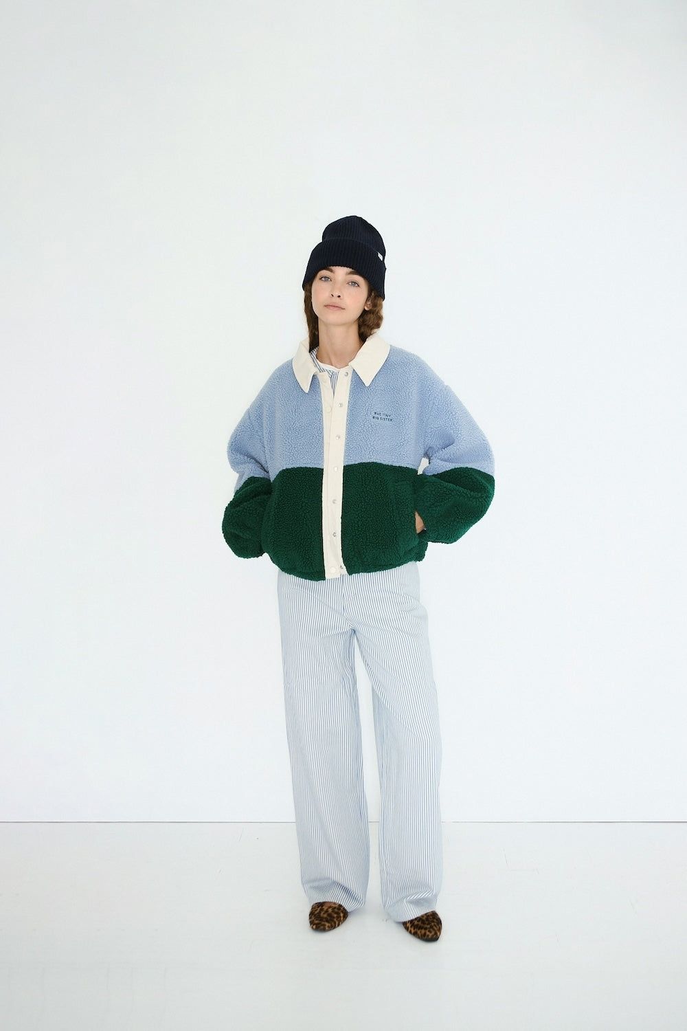 Colour Blocked Sherpa Jacket - Washed Blue & Dark Green