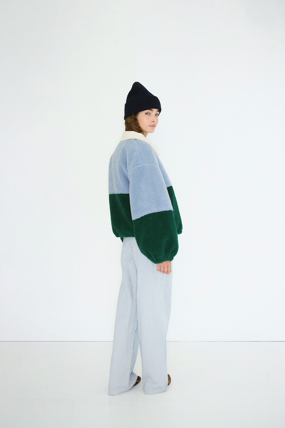 Colour Blocked Sherpa Jacket - Washed Blue & Dark Green